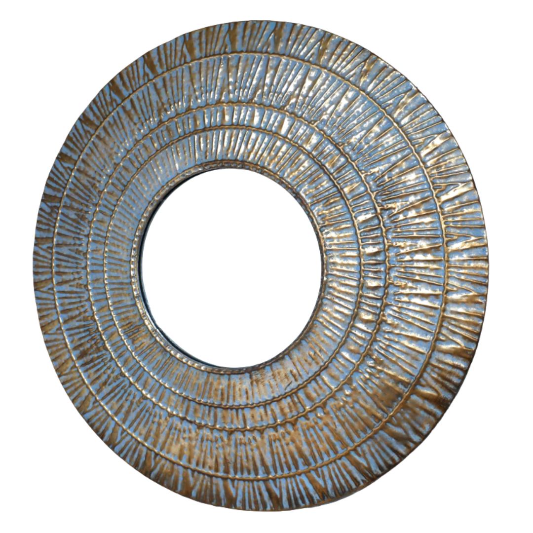 Soleil Mirror Round decorative wall mirror with a textured blue and gold metallic frame featuring concentric rings and raised radial detail