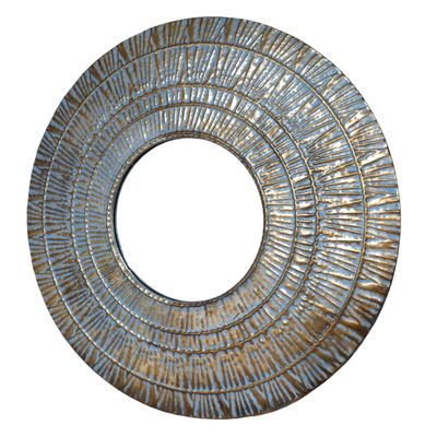 Soleil Mirror Round decorative wall mirror with a textured blue and gold metallic frame featuring concentric rings and raised radial detail