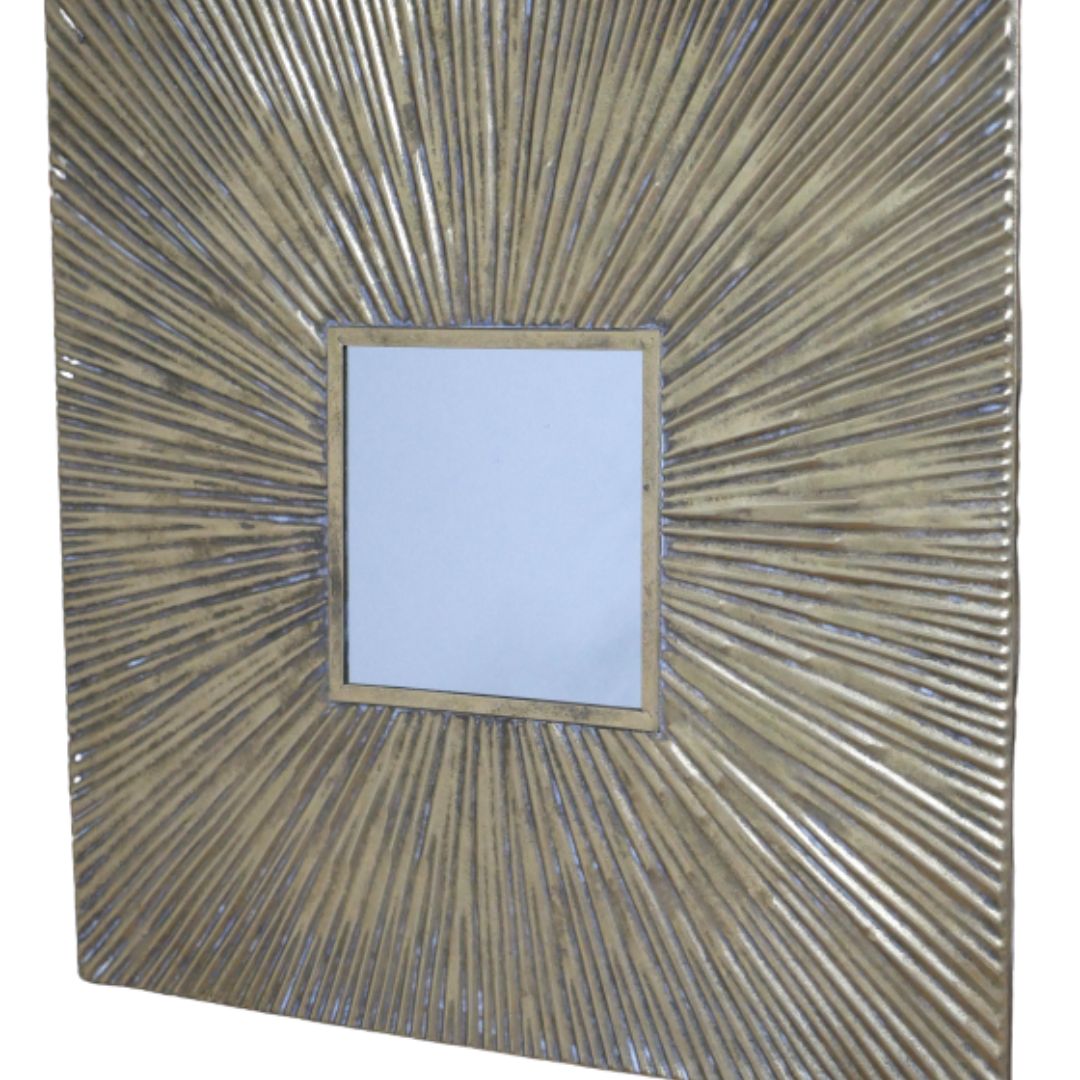 Radial Square Mirror Decorative square wall mirror with a metallic gold frame featuring raised, radiating ridges forming a sunburst pattern
