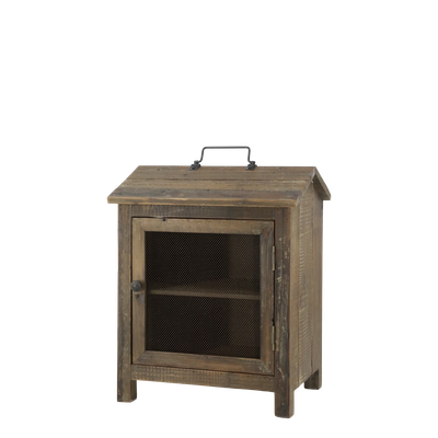 In days gone by, this is where a well-off family would store their meat before it was consumed. These days, we have a fridge or freezer for that, but this lovely replica can be used for many types of food storage, and they are in vogue in the very best of kitchens.
Our meat safe is made from recycled wood, and MDF. 
Dimensions 42 x 52 x 34 cm