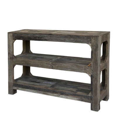 Craftsman made in Grimaud style, this three shelf low level shelving unit is so really useful for just so many purposes.
Made from recycled, reclaimed wood as you would expect. 
Dimensions H 80 x L 120 x W 40  cm