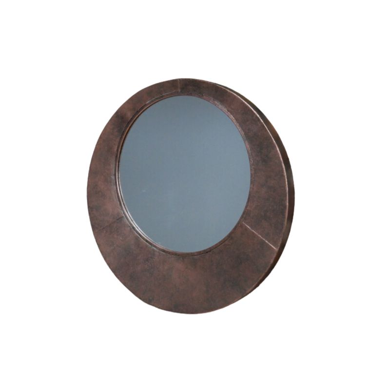 Round wall mirror with a wide textured metal frame in an aged bronze finish, featuring a clean circular mirrored centre.