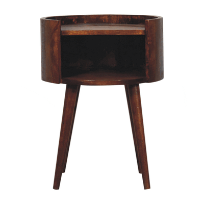 Circular Chestnut Finish Bedside Cabinet.
One Open Slot Shelf and Top Surface is framed but sides creating an edge.
Nordic Legs
Gif shows all elevations