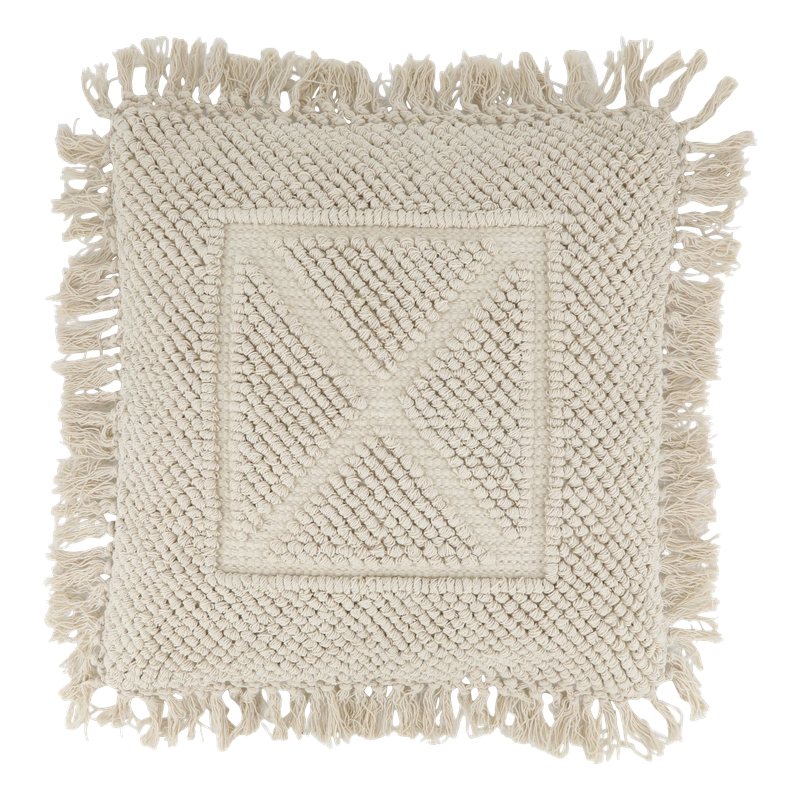 Square Cushion with Fringing and Mesh Fabric Finish.  Central Square and Cross Design.