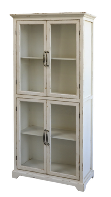 This is real style!!
Just imagine this French style cabinet taking centre stage in your room, with the glass panelled doors and a real French look to it.
Finished in Antique Cream, and made from Firwood and glass with a plywood backing to the unit. 
Height is 156cm, Length 72cm and Depth 33cm.