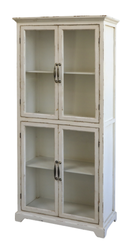 This is real style!!
Just imagine this French style cabinet taking centre stage in your room, with the glass panelled doors and a real French look to it.
Finished in Antique Cream, and made from Firwood and glass with a plywood backing to the unit. 
Height is 156cm, Length 72cm and Depth 33cm.