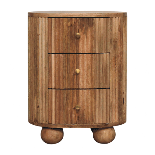 Roxanne Three Drawer bedside Cabinet
Natural oak effect finish. It is a sturdy piece featuring a thick ridged base.
Gif showing all  elevation.