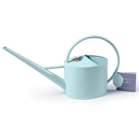 Light Blue Metal Watering Can with long spout and thin circular handle