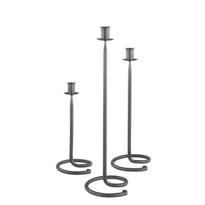 Chapelle Set of Three Iron Candlesticks
Black Iron Finish.  Squiggle base.  All at different Heights