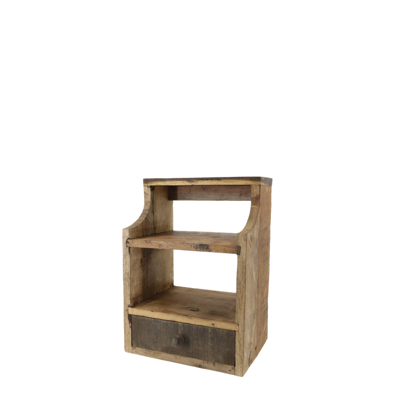 This attractive Grimaud shelf unit will look great on your wall. It has two shelves and a wide drawer for your precious bits and pieces. It is made from reclaimed and recycled wood.
Dimensions H43 x L30 x W 23cm
