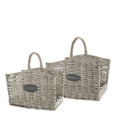 Set of two log baskets each with a handle for easy carrying and an open end for longer logs. Made from willow and a natural colour finish.
Height is 51 cm and 49 cm long.
