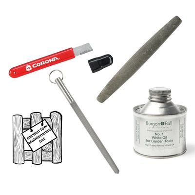 Garden Tool Maintenance Set Burgon & Ball Tool Maintenance Set
Balde Edge Restorer, Sharpening Steel, Tool Oil and Tool Sharpening Stone