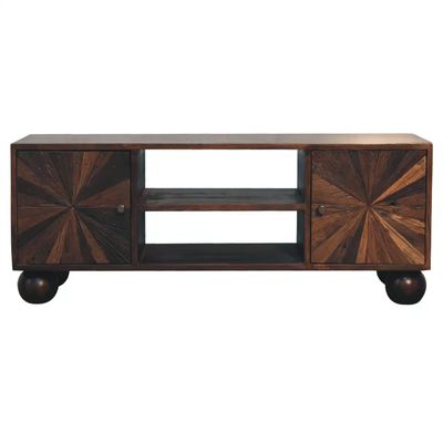 Sunrise Walnut Finish Media Unit Walnut-finish TV media unit with sunburst-patterned cupboard doors and open central shelving