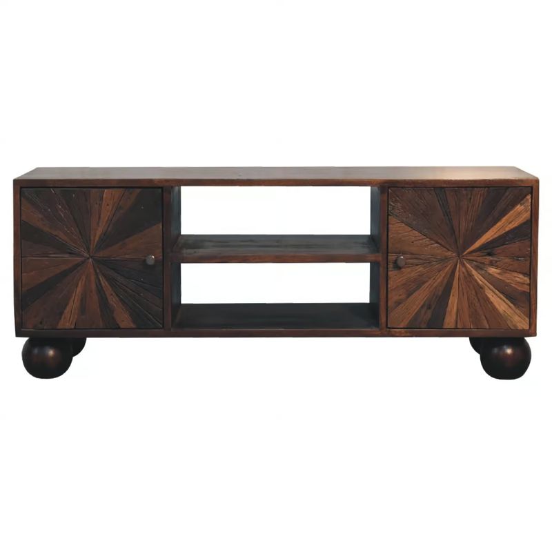 Walnut-finish TV media unit with sunburst-patterned cupboard doors and open central shelving