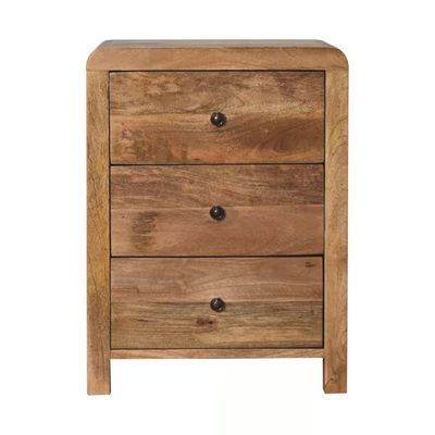 Oak effect bedside cabinet featuring three stacked drawers, visible wood grain pattern and softly rounded corners