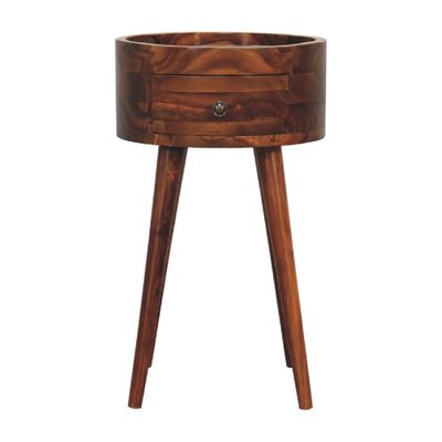 Rounded sheesham wood bedside cabinet featuring rich brown tones, visible natural grain, single central drawer 