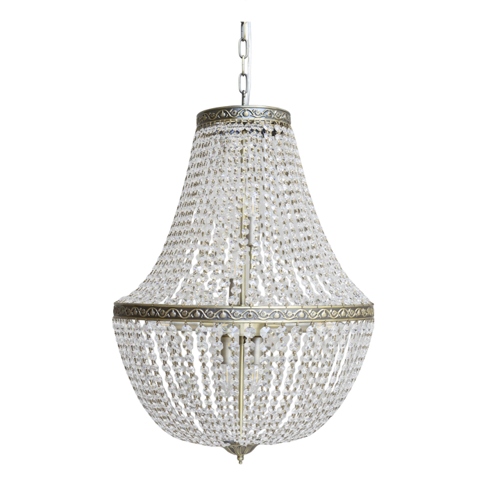 Opera Glass Prisim Chandelier
Antique Brass top circle and medium circle.  Glass Prisims in threads from top draped to middle brass circle and then draped back to base