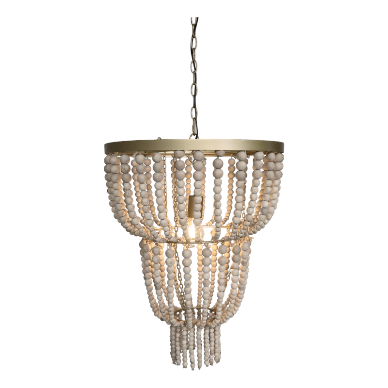 Looking fine in any modern or contemporary placing, this chandelier has wooden beads rather than the usual crystal, giving a warmer ambience.
