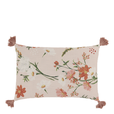 Chic Rectangular Patterned Cushion with Corner Tassels.
Pinks, Taupe, Peach Floral Design