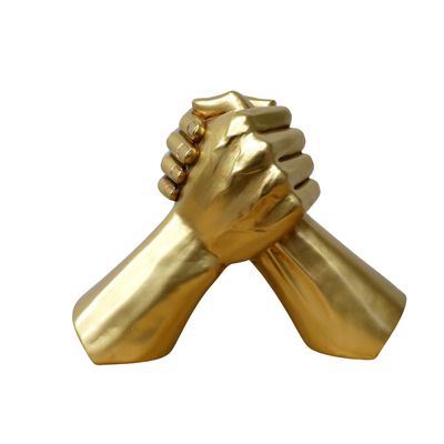 Two golden hands in clasp in a hand wrestling position,
Front view.
17 cm tall
