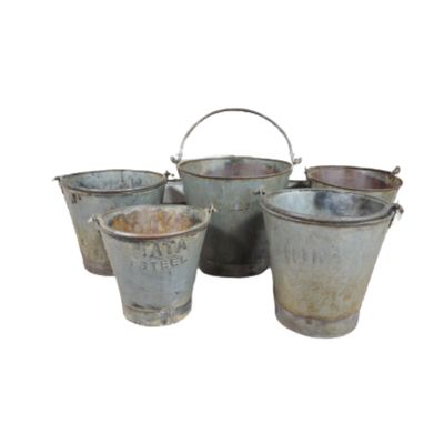 Five metal bucket planters of various sizes