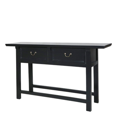 A quality service table in black recycled pine wood. Sleek lines with two useful drawers for cutlery and accessories. The stylish design makes it just right in a domestic or commercial setting.
