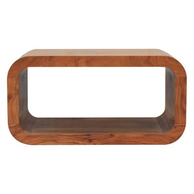 Solid wood media unit with an open rectangular design, softly rounded corners and a natural wood grain finish