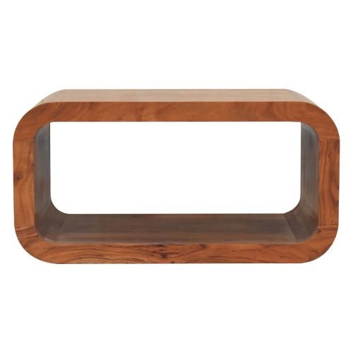 Solid wood media unit with an open rectangular design, softly rounded corners and a natural wood grain finish