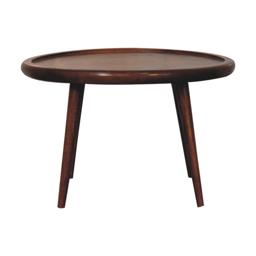 Wooster Chestnut Finish Coffee Table is crafted from 100% solid mango wood with a rimmed plate designed top and supported by sturdy Nordic-style legs. 
Gif shows all elevations