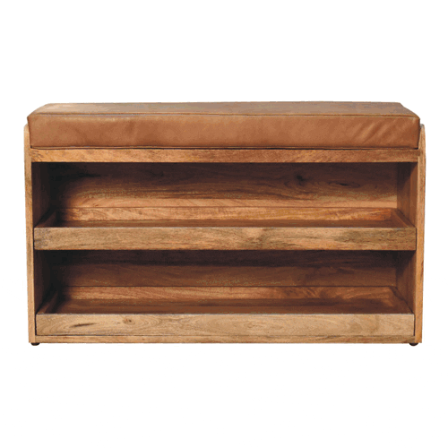 The Blair Leather Oak Finish Shoe Storage Bench