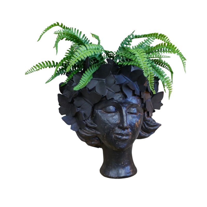 Josephina Black Finish Head Planted. 
Planted with a fern.
She has closed eyes and ivy wreath - completely finished in black.