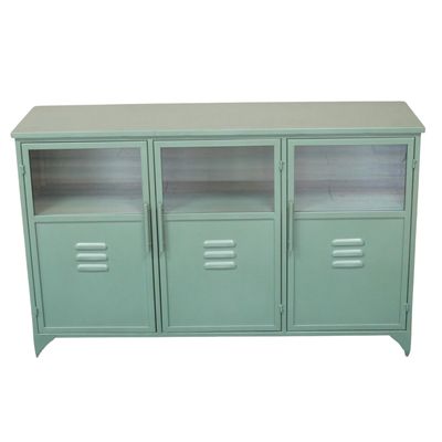 Completing the Ashby range is this useful sideboard made from iron in the industrial style, and it has three doors, each with a display panel and a lower solid door. 