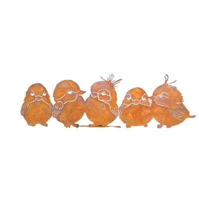 Made from metal with a rusty finish, a row of five birdies that will sit nicely on top of a fence.