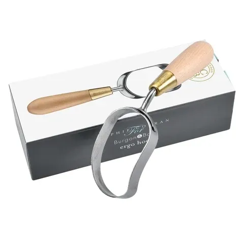Sophie Conran Ergo Hoe with Grey White Finish Gift Box.  Ergo hoe is an oblong circle with wooden handle.