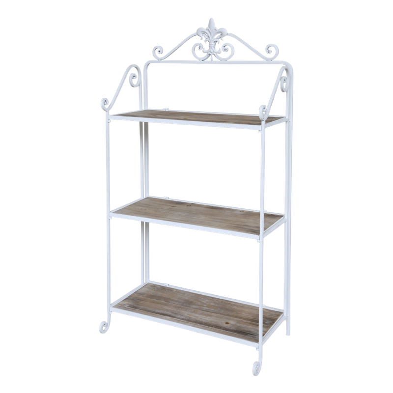 Chatilon Shelving Unit
White metal framed, French decor inspired, with wooden shelves.  Three shelves.