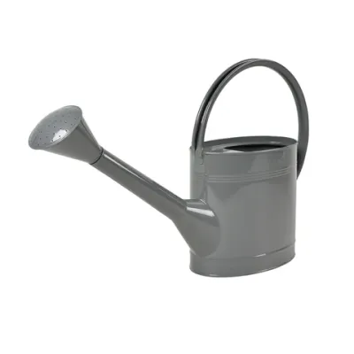 Grey metal watering can with rose and oval handle