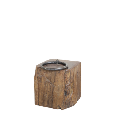 Cube of recycled repurposed wood with Metal ring Handle on top