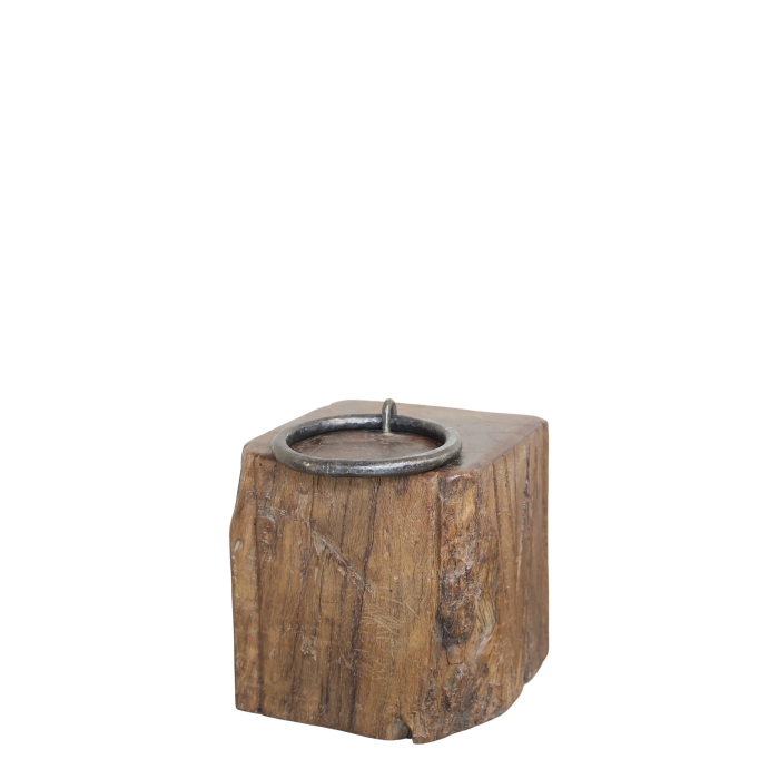 Cube of recycled repurposed wood with Metal ring Handle on top