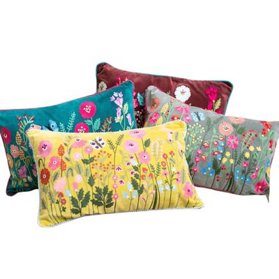 Fair Trade Amrita Velvet Cushions
Yellow, Turquoise, Deep Red and Grey.
Butterfly Wildflower Design