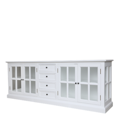 With a length of over seven feet, this will be the focal point of any dining or living room, or in many commercial settings too. Four front glazed doors, and glass panels to the sides too. Four useful drawers.