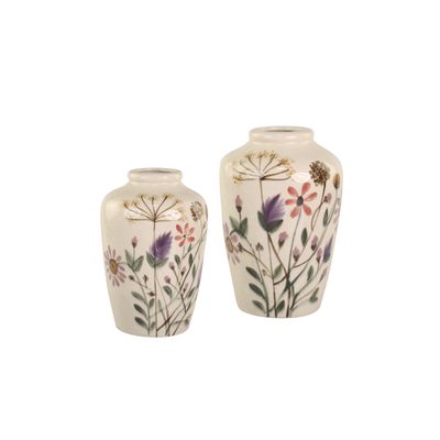 Set of Two Lea Floral Vases
Cream with wildflower painted design in pinks and mauves and green leaves