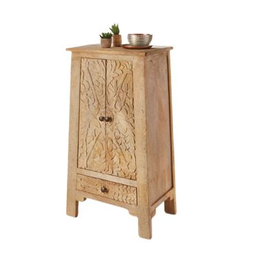 Mango Wood Carved Wooden Tapered Bedside Cabinet
Cupboard and lower drawer