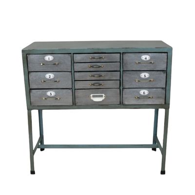 An eleven drawer industrial unit with various drawer sizes