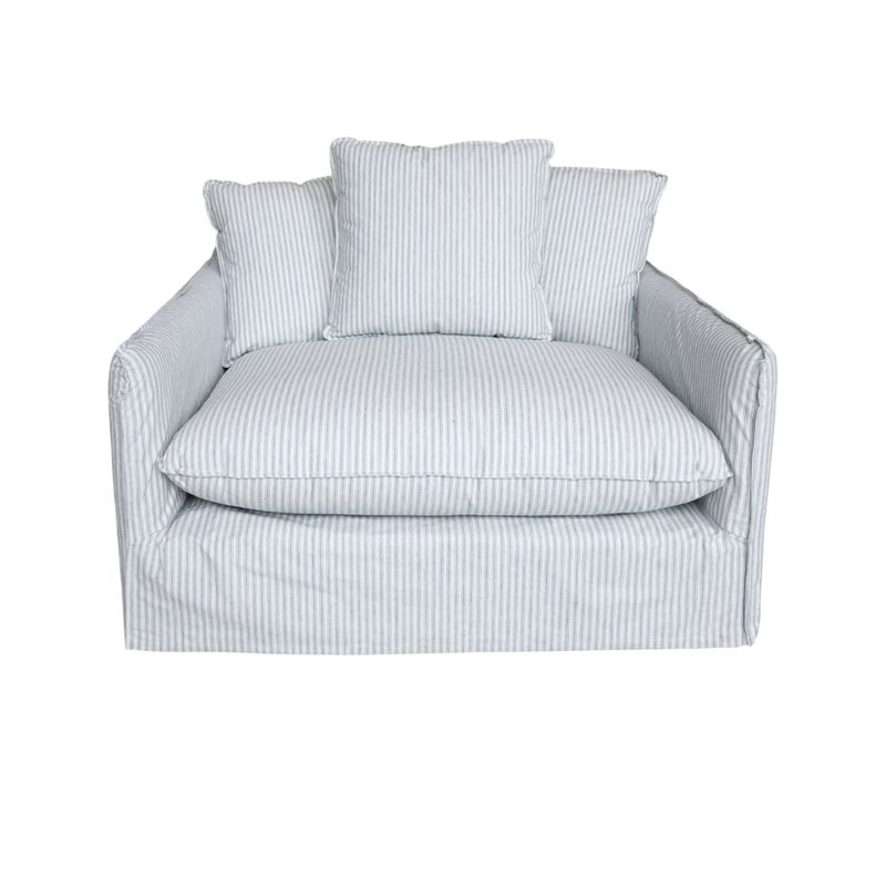 Marseilles Stripe Armchair
Sky Blue and Cream Stripe Linen Fabric.
Large Pillow Cushions Style Armchair
