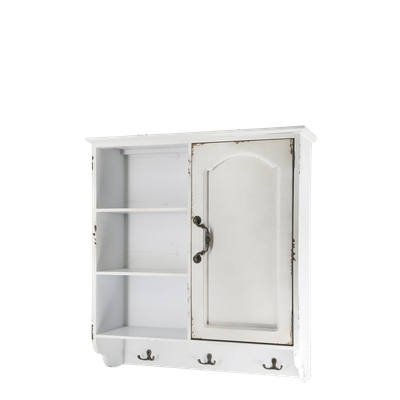 Beautiful and practical. This lovely Jolie cabinet has an opening door and an open shelf display area. Below the cupboard and shelf are hangers, ideal for cups, mugs, keys or anything else that can go on a hook!
It is made of fir wood, MDF, plywood and iron. 
Cream finish. Size 61 x56 x19 cm
