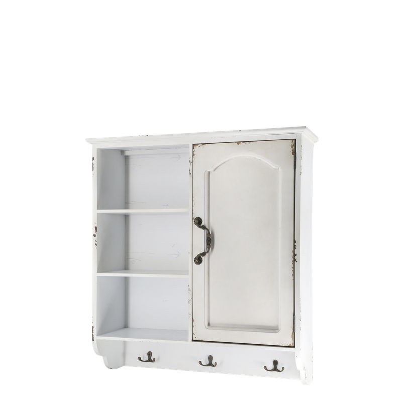 Beautiful and practical. This lovely Jolie cabinet has an opening door and an open shelf display area. Below the cupboard and shelf are hangers, ideal for cups, mugs, keys or anything else that can go on a hook!
It is made of fir wood, MDF, plywood and iron. 
Cream finish. Size 61 x56 x19 cm
