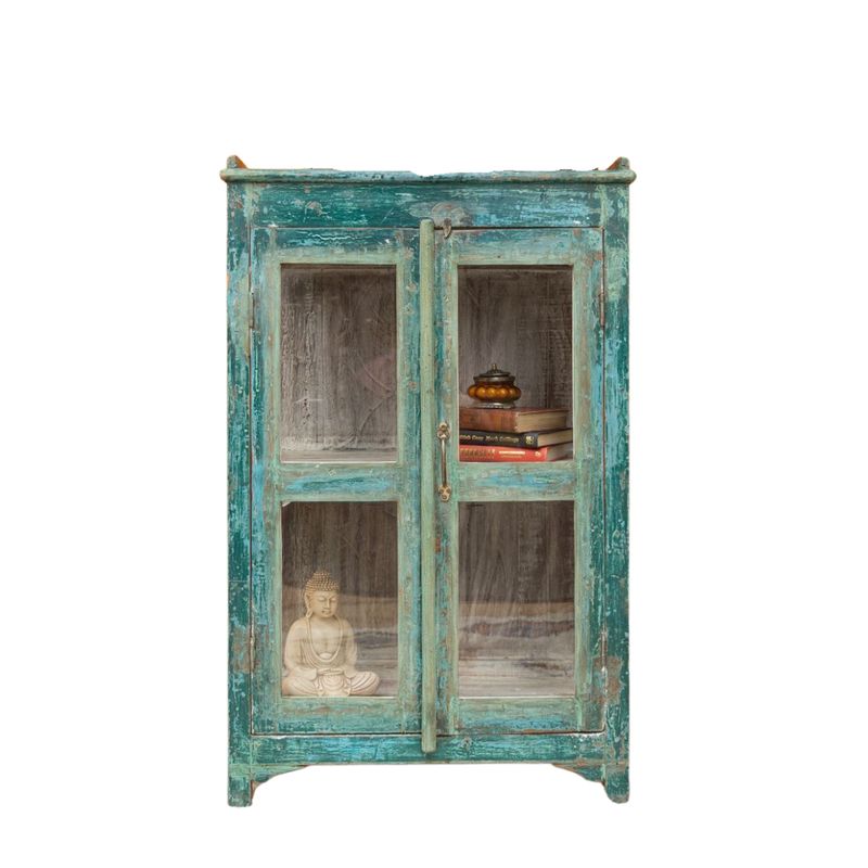 The Ajay Vintage Display Cabinet is finished in a distressed dark green and is floor standing.