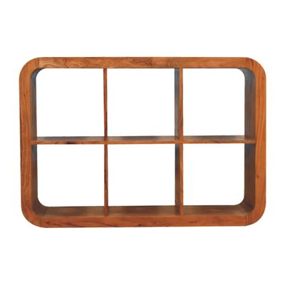 Solid wood display unit with six open compartments, a rectangular shape with rounded corners and a natural wood grain finish