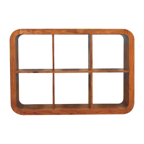 Solid wood display unit with six open compartments, a rectangular shape with rounded corners and a natural wood grain finish