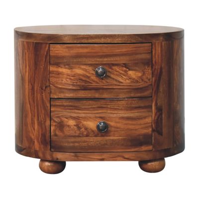 Becca Bedside Cabinet Sheesham wood bedside cabinet featuring a curved rectangular shape, warm brown colour, prominent natural grain